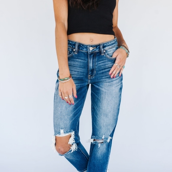 KanCan Blue Jeans Denim Pants Relaxed Fit Distressed Boyfriend Cuffed 9 28‎ - Picture 2 of 15